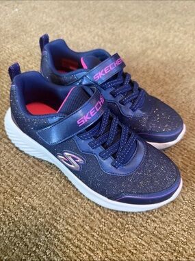 Skechers Girls Navy Glitter Sneakers with Pink Trim